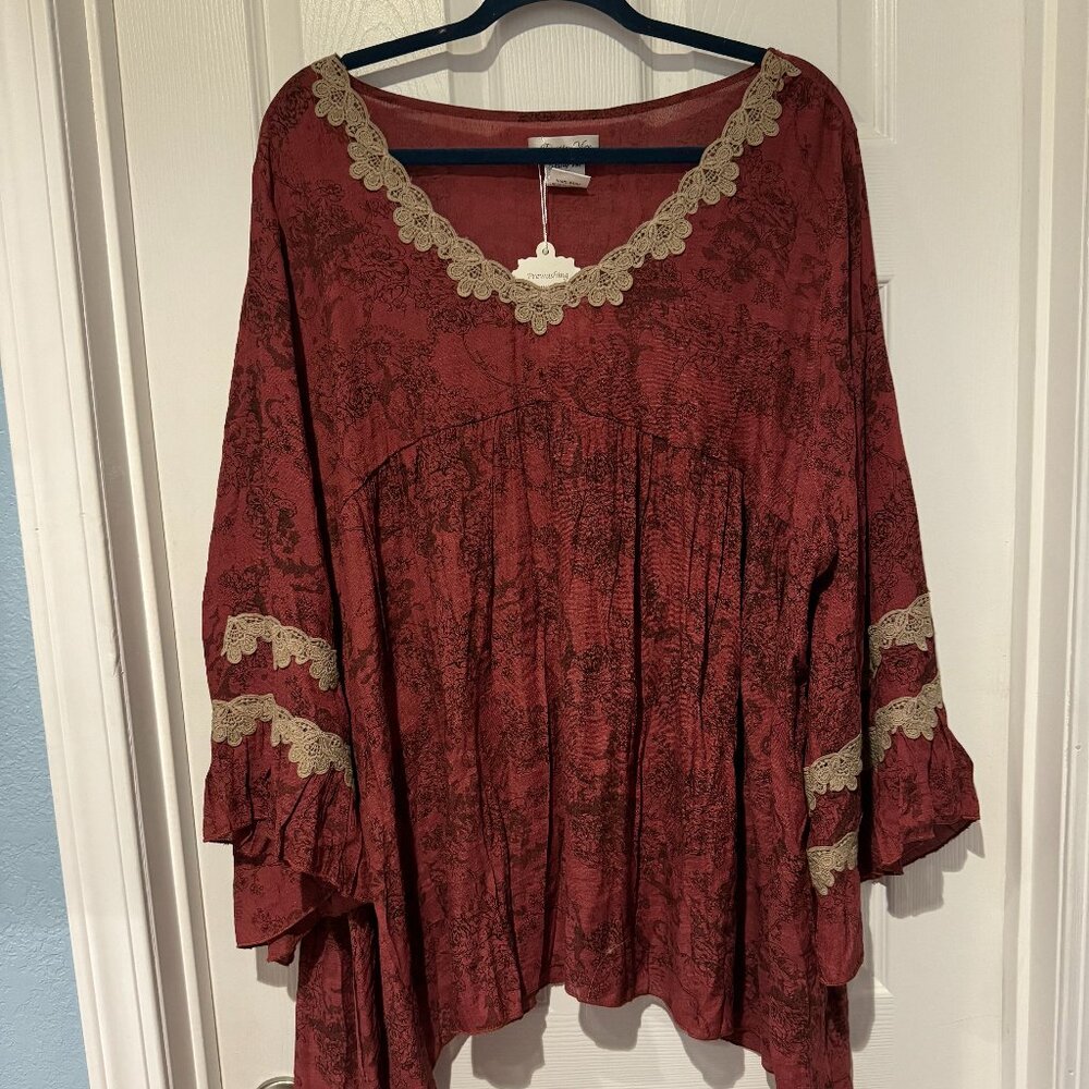 NWT 2XL/3XL PAISLEY VINE BELL SLEEVE A-LINE EMPIRE WAIST TUNIC TOP
